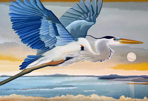 Yvonne Zomerdijk, Blauwe Reiger, 2200 euro, Olieverf op doek in baklijst, 80x120 cm