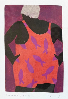 Yvonne Zomerdijk, Badgast Germaine, 75 euro, Linosnede in donkere lijst, 24x18 cm