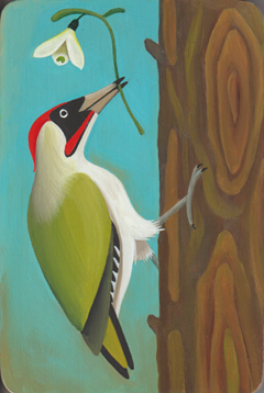 Yvonne Zomerdijk, Voorjaarsvogel/specht, 275 euro, Acryl op hout zonder lijst, 30x20 cm