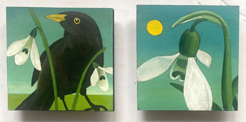 Yvonne Zomerdijk, Merel en Sneeuwklokjes, 75 euro per stuk, Olieverf op paneel zonder lijst, 10x10