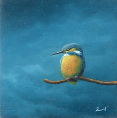 Marc van der Zwet, IJsvogel op tak op vierkant/blauw, Olieverf op hout, 10,2x10,2 cm, €.180,-