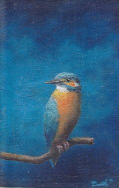 Marc van der Zwet, ijsvogel op tak blauw, Olieverf op eik, 6,8x10,8 cm, €.150,-