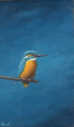 Marc van der Zwet, Vogel op tak op blauw blok, Olieverf op eiken, 7,7x12,8 x 3 cm, €.190,-
