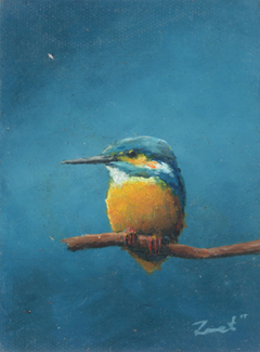 Marc van der Zwet, IJsvogel op klein blauw, olieverf op paneel, 5,5x7,2 cm, €.95,-