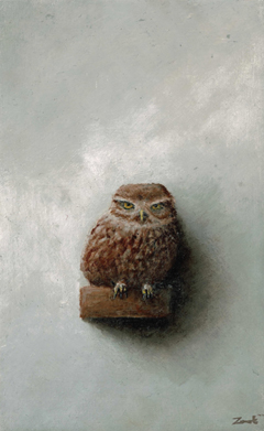 Marc van der Zwet, Steenuil op plankje,  Olieverf op paneel, 8,9x14,5 cm, €.240,-