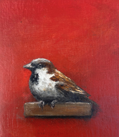 Marc van der Zwet, Kleine manmus op plankje op rood, Olieverf op eikenpaneel zonder lijst, 6x6,8 cm, €.100,-