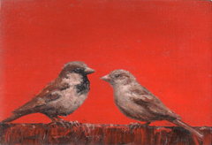 Marc van der Zwet, Vrouw en Manmus op rand op rood, Olieverf op mfd zonder lijstje, 11,6x9,2 cm, €.180,-