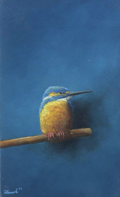 Marc van der Zwet, IJsvogel op tak blauw 7220919, 280 euro, Olieverf op mdf in bamboebaklijst, 8,3x13.3 cm
