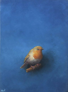 Marc van der Zwet, Voorzichtige roodborst op eik, 450 euro, Olieverf op eiken paneel zonder lijst, 15,6x20,8 cm