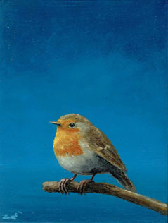 Marc van der Zwet, Kleine roodborstjel op takje, 210 euro, Olieverf op paneel in baklijstje, 8,2x10,9 cm