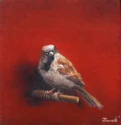 Marc van der Zwet, Manmus op takje rood, 180 euro, olieverf op eiken blokje zonder lijst, 7,6x7,8 cm