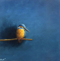 Marc van der Zwet, IJsvogel blauw vierkant, 410 euro, Olieverf op paneel in wit baklijstje, 17,1x17,1 cm