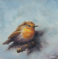 Marc van der Zwet, Roodborst vierkant, 150 euro, Olieverf op paneel in wit baklijstje, 7,7x7,7 cm