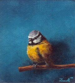 Marc van der Zwet, Pimpelmees wacht op blauw, 190 euro, Olieverf op eik zonder lijstje, 6,5x7,1x 3 cm