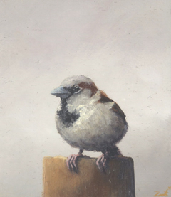 Marc van der Zwet, Attente manmus op paaltje, 160 euro, Olieverf op dik eiken zonder lijst, 7,2x8,0 cm