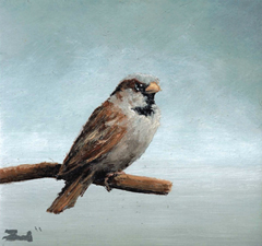 Marc van der Zwet, Manmus op tak kijkt om, 140 euro, Olieverf op dik eik zonder lijst, 6,8x6,4 cm