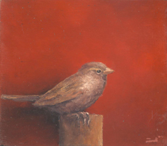 Marc van der Zwet, Vrouwmus op paaltje, 230 euro, Olieverf op dik eik zonder lijst, 11,2 x 9,7cm