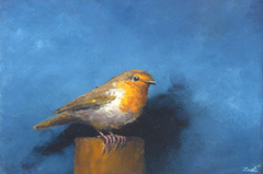 Marc van der Zwet, Roodborst vraagt aandacht, 320 euro, Olieverf op paneel in bamboelijstje, 83x13,3 cm