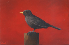 Marc van der Zwet, Attente merel op paaltje, 290 euro, Olieverf op paneel in bamboelijstje, 83x13,3 cm