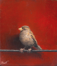 Marc van der Zwet, Vrouwmus op draad  op blok, 190 euro, Olieverf op eiken blok zonder lijst, 7,2x8,2 cm