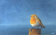 Marc van der Zwet, Roodborst wacht op takje, 280 euro, olieverf op paneel in baklijstje, 13,2x8,2 cm