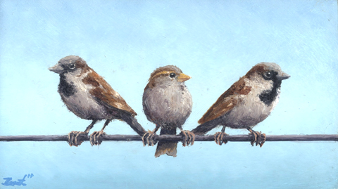 Marc van der Zwet, Vrouwmus wacht in het midden, 220 euro, olieverf op eiken paneel zonder lijst, 12,4x7 cm