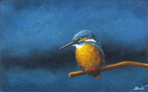 Marc van der Zwet, IJsvogel houdt het vol, 290 euro, olieverf op paneel in baklijstje, 13,3x8,4 cm