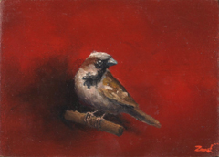 Marc van der Zwet, Manmus op rood takje, 200 euro, Olieverf op eik zonder lijst, 9,4x6,7 cm