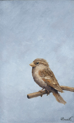 Marc van der Zwet, Vrouwmus op tak op grijs, 290 euro, Olieverf op paneel in baklijstje, 8,2x13,2 cm