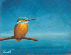 Marc van der Zwet, IJsvogel met blauwe horizon, 200 euro, Olieverf op eik zonder lijst, 9,5x7 cm