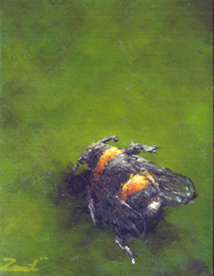 Marc van der Zwet, Dikke Hommel op groen, 200 euro, Olieverf op eiken paneel zonder lijst, 6,8x9 cm
