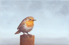 Marc van der Zwet, Roodborst op paaltje grijs, 320 euro, Olieverf op peneel in baklijstje, 17,7x9,7 cm