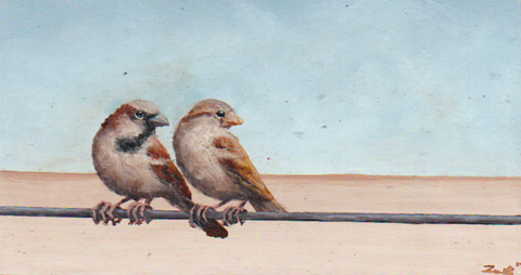 Marc van der Zwet, 2 mussen op draad, 290 euro, Olieverf op eik zonder lijst, 16x8x2 cm