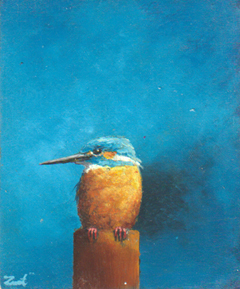 Marc van der Zwet, Ijsvogel wacht op paaltje, 230 euro, Olieverf op eik zonder lijst, 8x10x2 cm