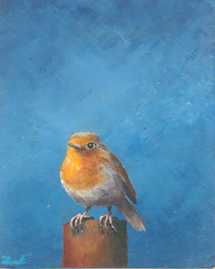 Marc van der Zwet, Verbaasde roodborst op paaltje, 230 euro, Olieverf op eik zonder lijst, 8x10x2 cm