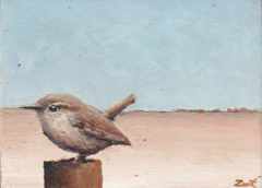 Marc van der Zwet, Winterkoning op paaltje, 180 euro, Olieverf op eik zonder lijst, 9x7x3 cm