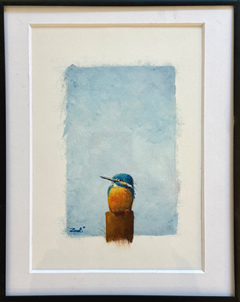 Marc van der Zwet, IJsvogel op paaltje, 160 euro, Olieverf op papier in vintage lijst, 25x20 cm 15x10 zonder lijst