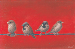 Marc van der Zwet, Vier mussen op draad op rood, 350 euro, Olieverf op paneel in baklijstje, 9,7x14,7 cm
