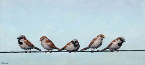 Marc van der Zwet, Vijf mussen op draad lichtblauw, 680 euro, Olieverf op paneel in baklijstje, 36,3x16,2 cm cm