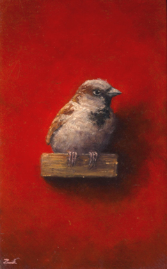 Marc van der Zwet, Manmus op plankje rood, 310 euro, Olieverf op paneel in baklijstje, 8,2x13,2 cm
